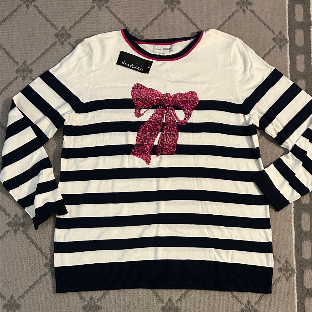 Kim Rogers Holiday Pink Bow Striped Sweater
